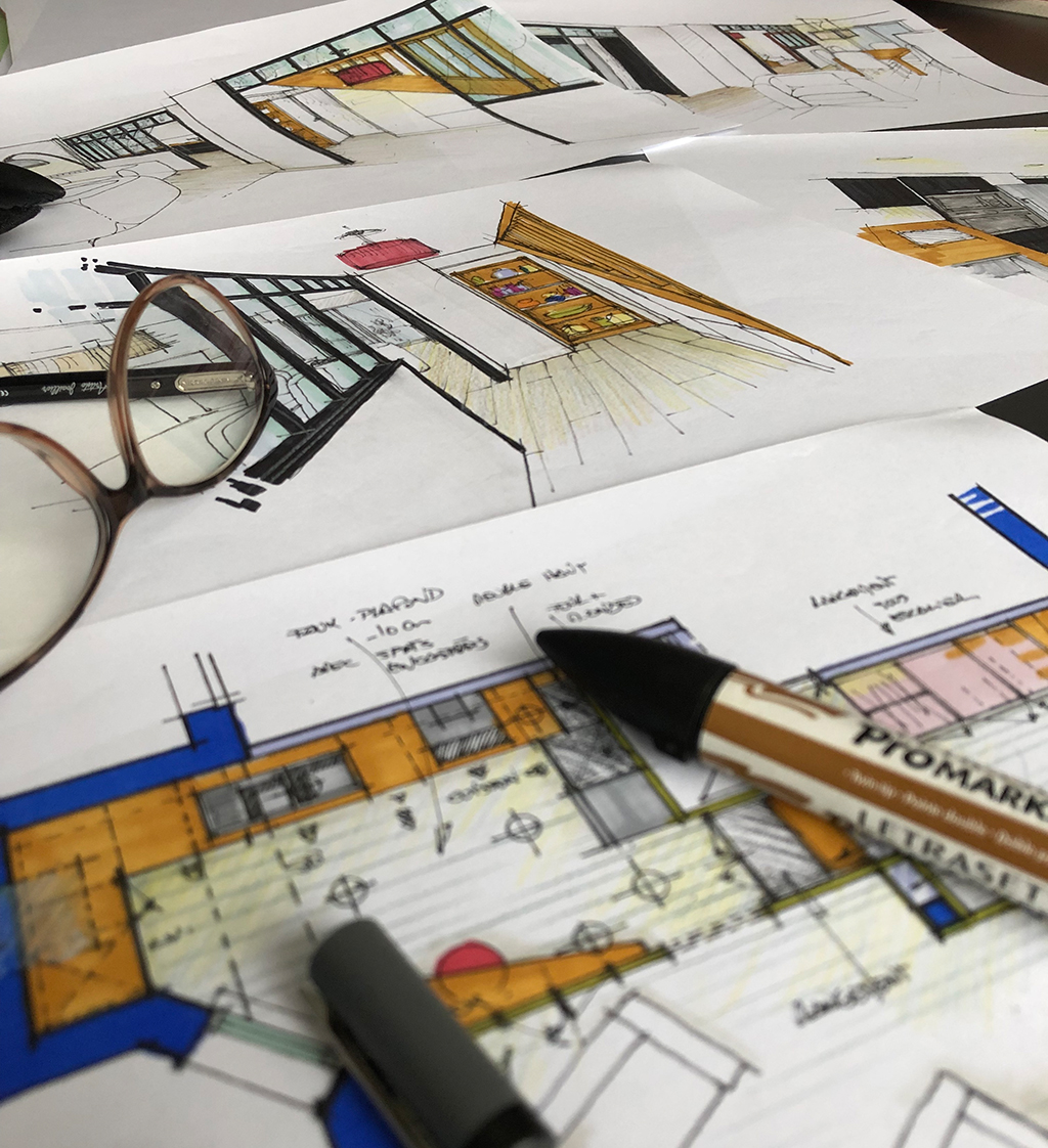 Phase d'étude du projet avec plans et perspectives sous forme de dessins en couleur